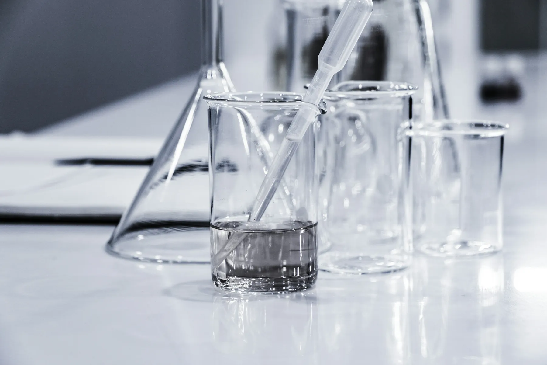 Laboratory glassware on a bench